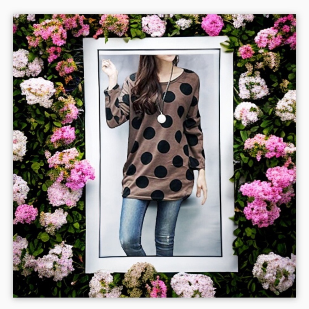 Anself Brown/Black Polka dot tunic /dress -ruching at bottom -Sz Sm-Med …